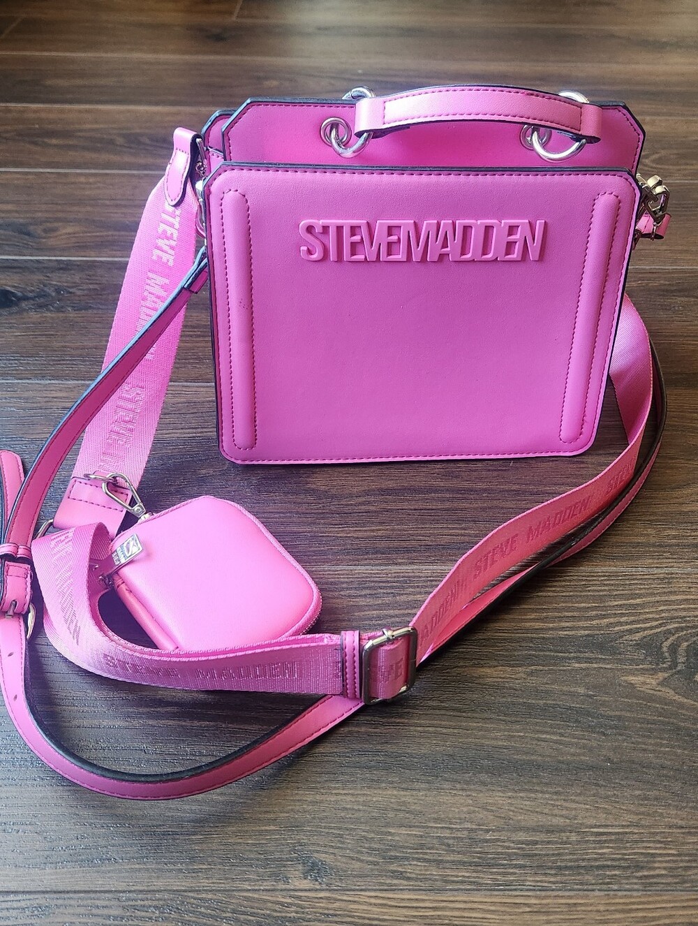 Steve Madden Hot Pink Logo Box Crossbody with Removable Strap
